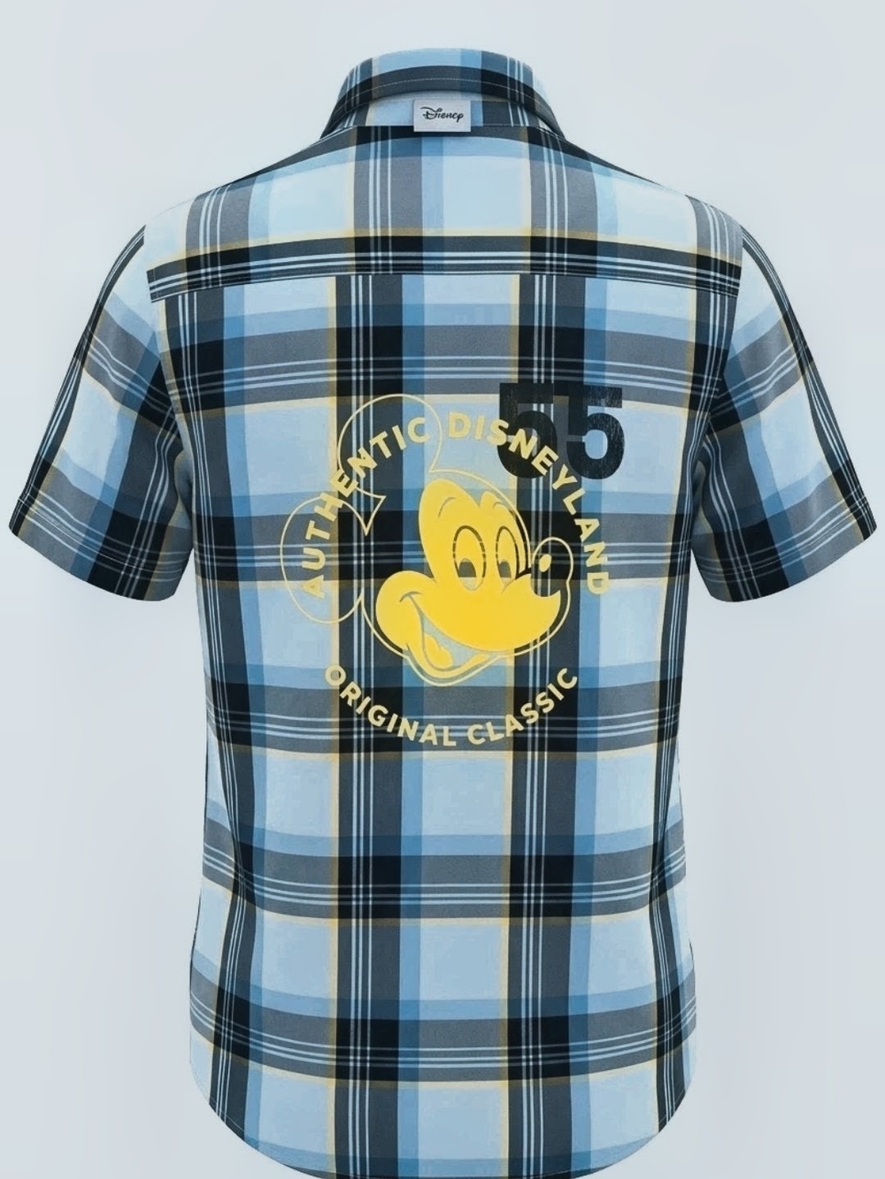 Disney Men's Light Blue Plaid Button-Down Shirt with Yellow Mickey Graphic Med